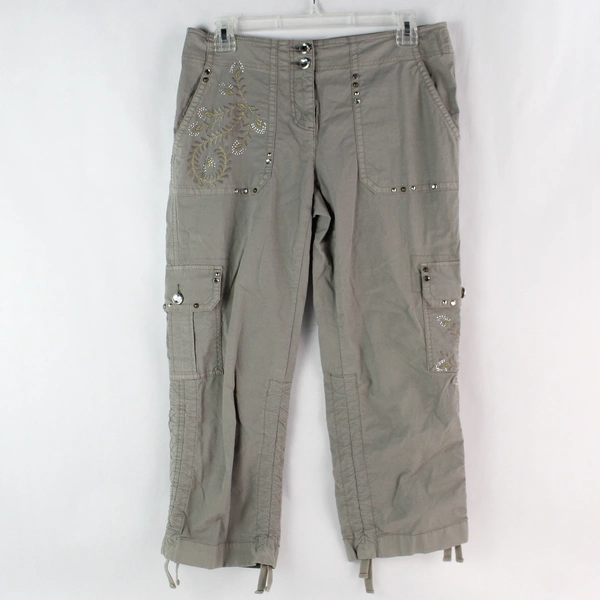 I.N.C Women's Gray Cropped Cargo Embroidered Bedazzled Capris Pants Size 6