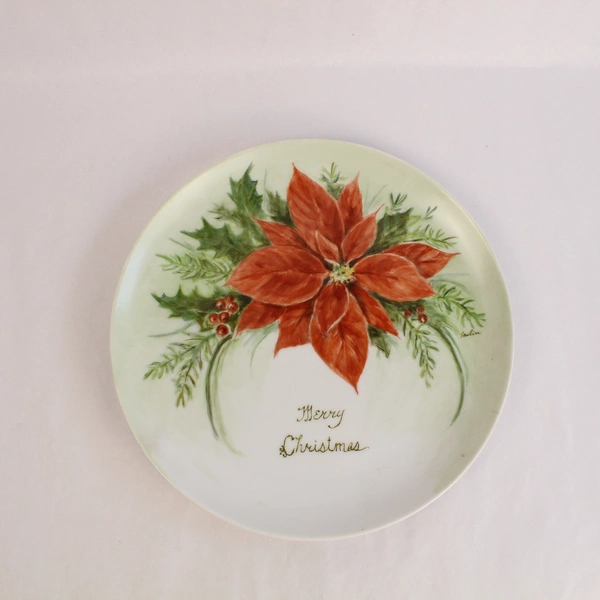 Handmade Christmas Poinsettia Dinner Plate Wall Decor Pre-Owned Stains & Crack