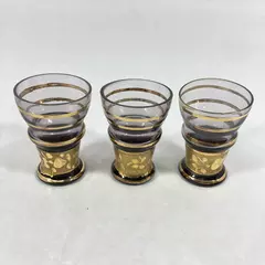 Vtg Lavender Crystal Cordials Set of 3 with Gold Floral Band Good Condition