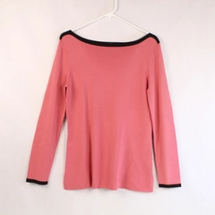 Peck & Peck Boat Neck Sweater Women's Large Salmon Pink Black Trim Tight Knit