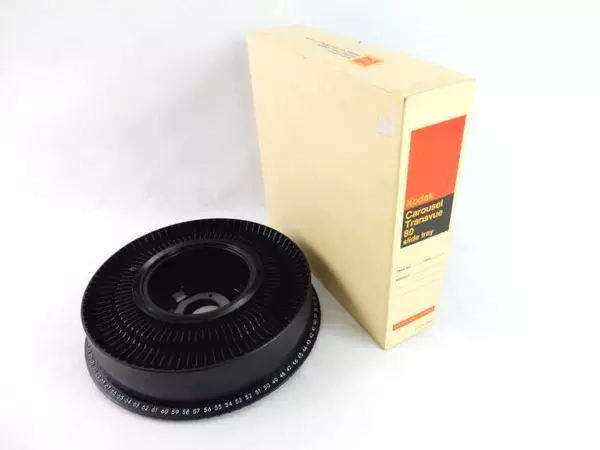 Vintage Black Kodak Carousel Transvue 80 Slide Tray Original Box Index Sheet
