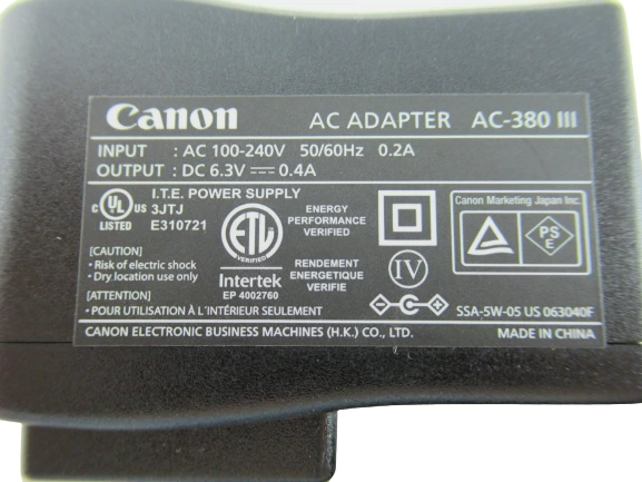 Genuine Canon AC Adaptor Power Cord Model AC380 III 100240V 50 60Hz DC 6 3V