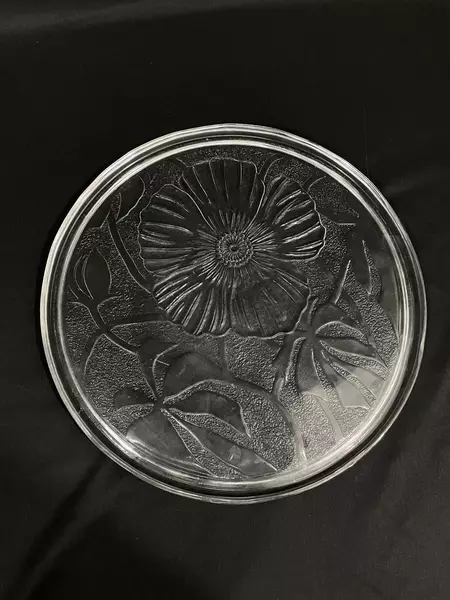 Vintage Clear Glass Cake Plate 12.25" Floral Embossed Design Good Condition