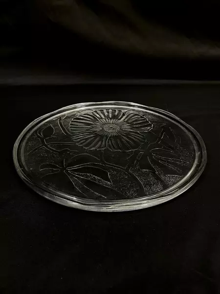 Vintage Clear Glass Cake Plate 12.25" Floral Embossed Design Good Condition