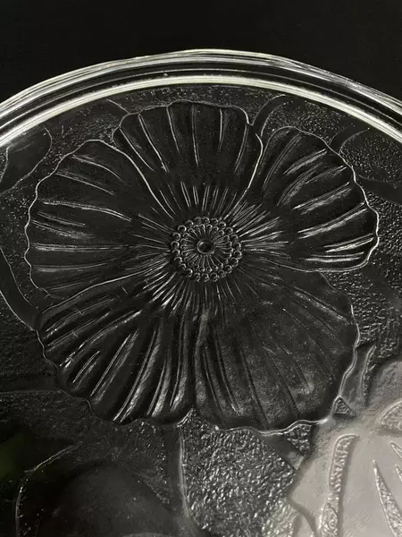 Vintage Clear Glass Cake Plate 12.25" Floral Embossed Design Good Condition