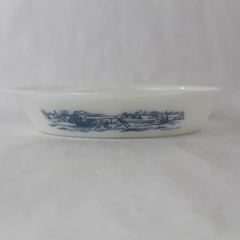 Vintage Glasbake Split White Ceramic Serving Dish J-2352-6 Blue Currier & Ives