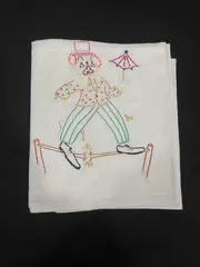 Hand Embroidered Clown Print Cotton Tablecloth 27"x35" Pre-Owned