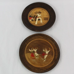 Lot of 2 Vintage Round Inlaid Wood Wall Art Decor 8.5" & 9.25" Signed
