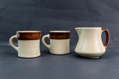 Lot of 3 Inca Ware Beige & Brown Trimmed Ceramic Coffee Mugs & Cream Pitcher N-9