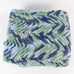 Handmade Knit Crochet Blue and Green Throw Blanket with Toothed Edge 60"x70"