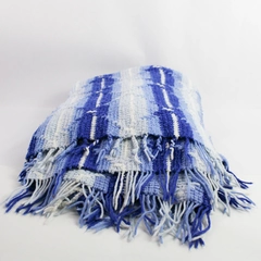 Handmade Knit Crochet White and Blue Throw Blanket 61x75"