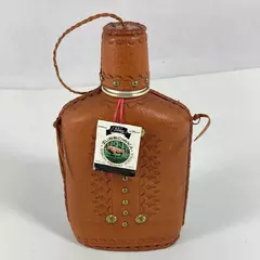 Empty Zubrowka Bison Brand Vodka Flask And Shot Glass Tooled Leather Over Glass 