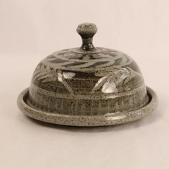 Art Pottery Bowl Dish with Cover Brown Tan Grey Stoneware Decor 8" Diameter