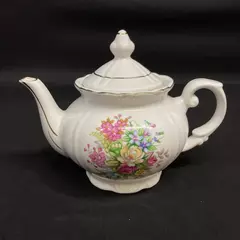 Vintage Porcelain Teapot Made In Japan White Silver Trim Floral Pattern