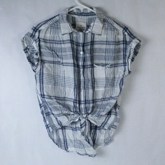 American Eagle Women's Small Plaid Button Up Shirt Blue White Knot Tie