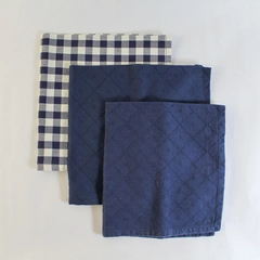 Lot of 3 Blue Cloth Napkins 2 Navy Argyle 1 White Checkered Pre-Owned