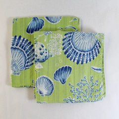 Set of 2 Reversible Cotton Placemats Green Blue Seashells Stripes 16.75"