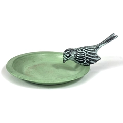 Vintage Green Metal Dish with Hand-Carved Bird Figurine 8.25" Long