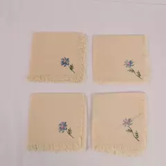 Lot of 4 Woven Cloth Napkins Cream Fringe Blue Pink Flower Dining Decor