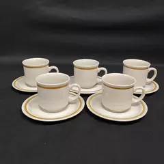 Set Of 5 Genuine Stoneware Vanilla Spice Cups And Saucers From Japan