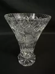 Vtg Lead Crystal Flower Vase Diamond Cut Etched Floral Design 7.25" Tall