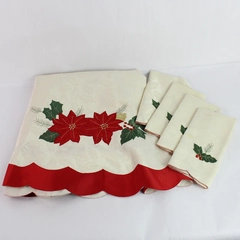 5 Piece Set 70" Embroidered Round Christmas Tablecloth and Napkins Flawed