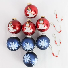 Lot of 8 Red Blue Snowman Snowflake Glass Christmas Ornaments Not Original Box