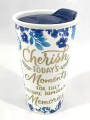 Pier 1 Travel Mug with Lid Blue Flowers Cherish Today's Moments