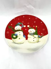 FSG Ceramic Snowman Platter 12.5" Red & White Christmas Decor Good Condition