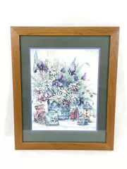 Frankie Buckley Watercolor Print Flowers And Birdhouses Framed And Matted 