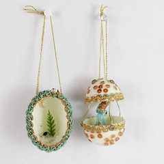 Set of 2 Vtg Handcrafted Decorated Egg Diorama Christmas Ornaments Trimmed