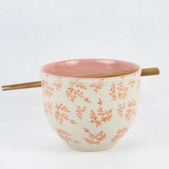 Tag White and Pink Ceramic Ramen Bowl with Wooden Chopsticks