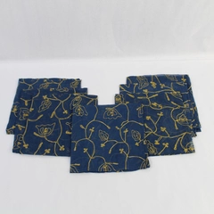Lot of 7 Navy Blue Fabric Napkins with Gold Embroidered Stitching Accents