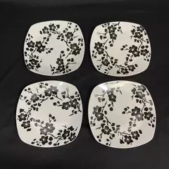 4 Fisher Home Square Stoneware Salad Plates White Black Cherry Blossoms 8 Inch
