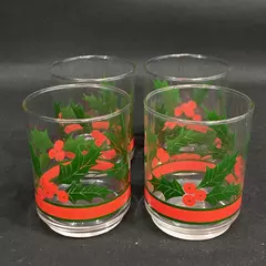 Set of 4 Libbey Holly And Berries Flat Tumblers 4 Inch 13 Ounce