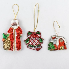 Unbranded Set of 3 Beaded Sequence Christmas Tree Ornaments, Bell House & Santa