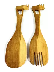 Hand-Carved Rhinoceros Handle Salad Fork & Spoon Set Good Condition