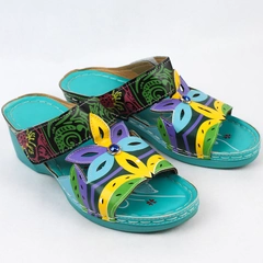 Turquoise Blue Wedge Slide Easy Fasten Floral Sandals Women's US Size 9