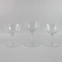 Lot of 3 Etched Flower Design Cocktail Coupe Glasses
