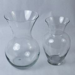 Lot of 2 Vintage Clear Glass Flower Vases Circular One 10in One 9in Tall Decor