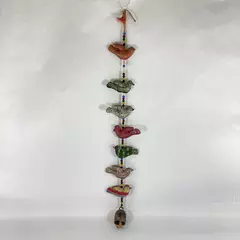 Brocade Cloth Hanging Bird and Bead Mobile With Copper Bell Home Decor