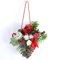 Red Cardinal and Natural Pinecone Hanging Christmas Tree Ornament 6"
