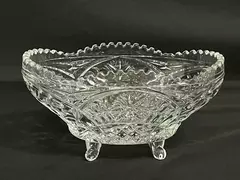 Vintage 4-Toed Oval Sawtooth Rim Pressed Glass Bowl Floral Pattern