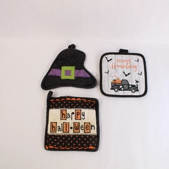 Lot of 3 Halloween Autumn Kitchen Fall Holiday Cotton Potholders Witch Hat Ghost