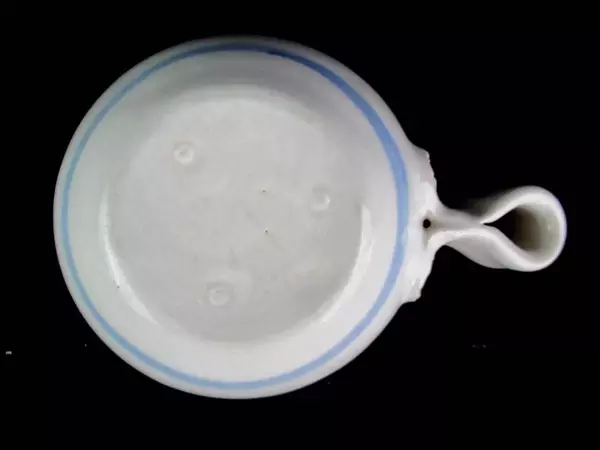 Vintage Stoneware Soup Bowl One Handle 2 Blue Stripes Floral Embossed Handle