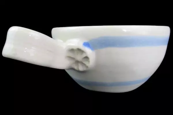 Vintage Stoneware Soup Bowl One Handle 2 Blue Stripes Floral Embossed Handle