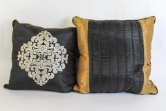 Lot of 2 Woven Sateen Throw Pillows Golden & Black Embroidered Accent Decor