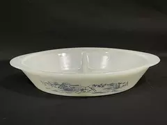 Vintage Glasbake Currier And Ives Divided Ovenware Casserole Bowl J2352