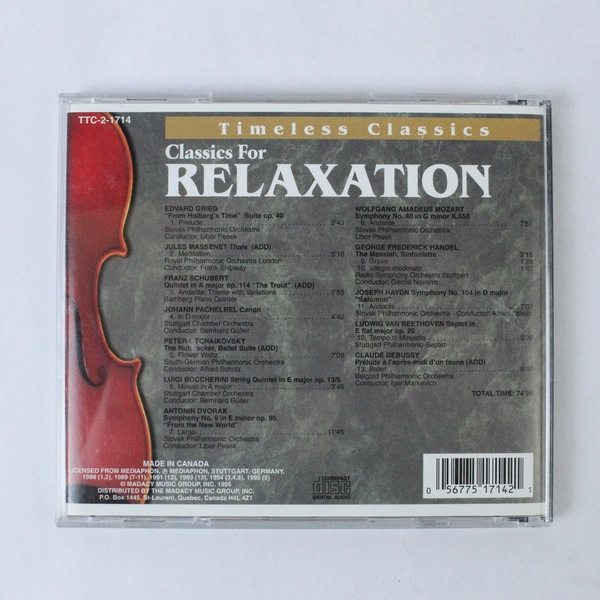 Classics For Relaxation CD 1995 Madacy Mozart Dvorak Tchaikovsky Good Condition