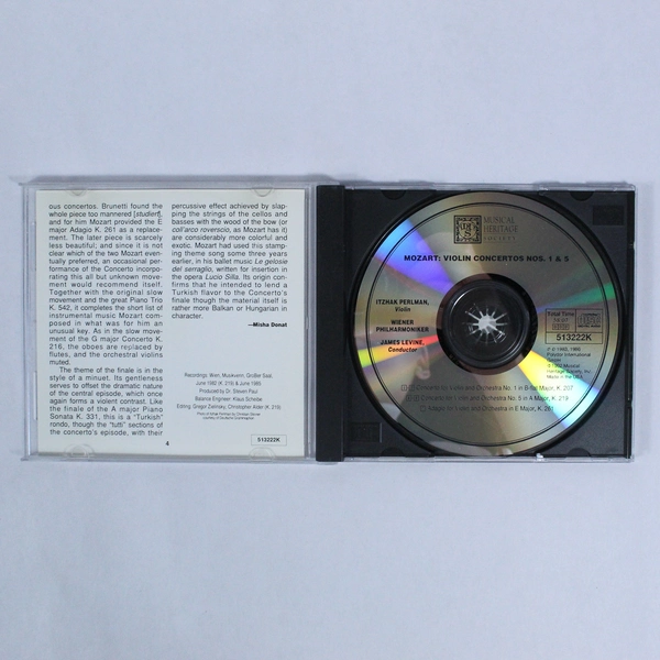 Mozart Violin Concertos Nos 1 and 5 By I Perlman and W Philharmoniker CD 1992